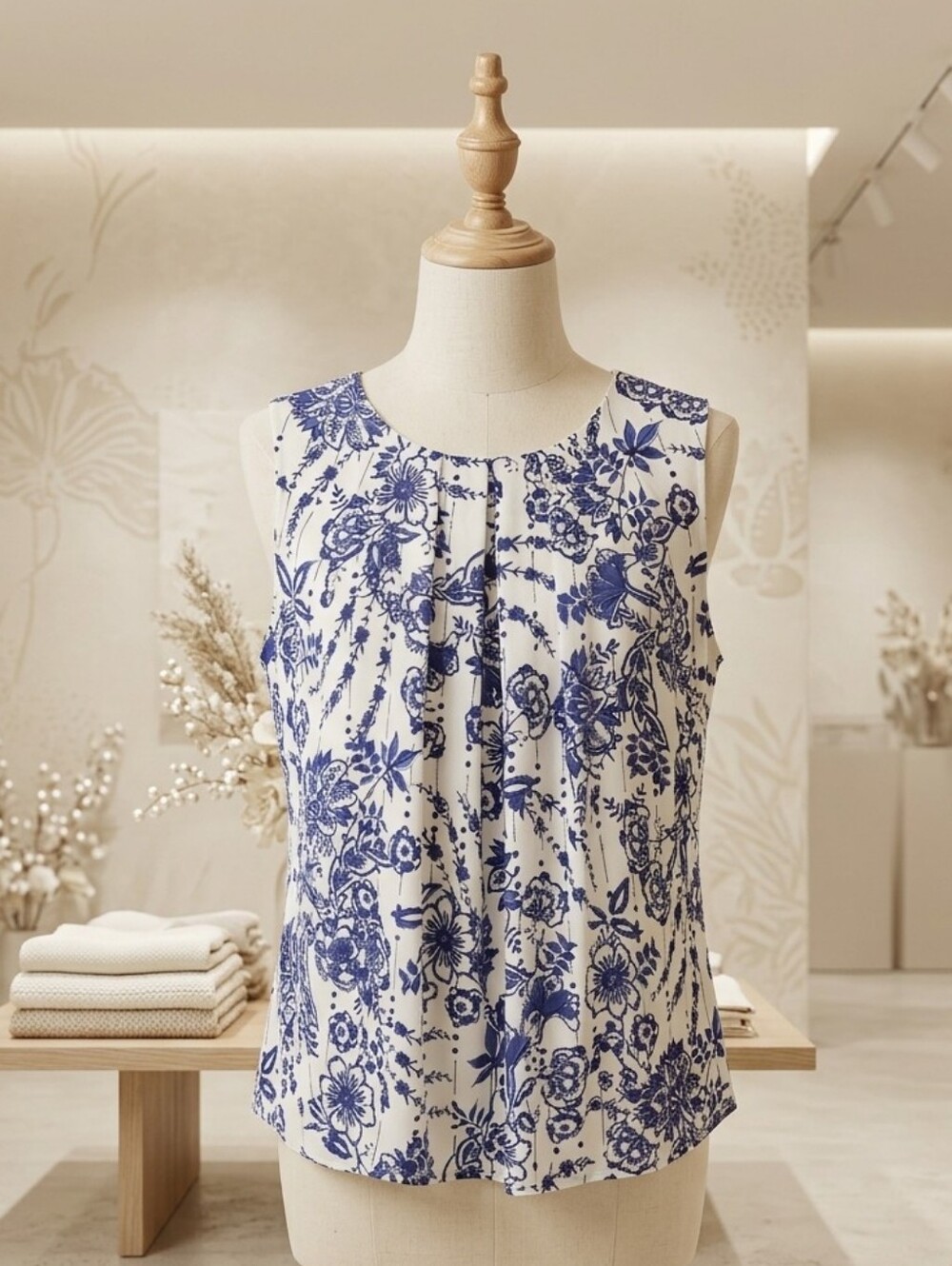 Tommy Hilfiger Blue & White Sleeveless Floral Blouse Size Large